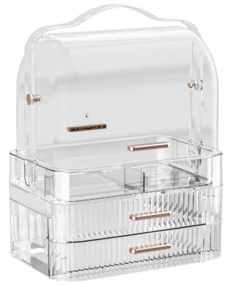LINFIDITE Scatola per cosmetici, coperchio trasparente, grande scatola per cosmetici, cassetti, maniglia portatile, impermeabile, antipolvere, per prodotti per la cura della pelle, per controsoffitto,