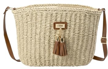 MODELISA - Bolso Bandolera Capazo Rafia Paja Borla Crossbody Estilo Casual Mujer (Beige)