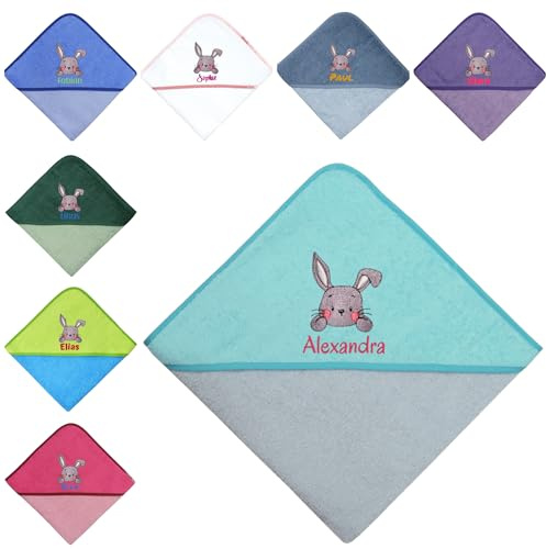 Kapuzenhandtuch Baby mit Hase – personalisiert mit Wunschname – 100x100cm – Geschenk zur Geburt oder Taufe – Handtuch bestickt – Kinder Kapuzenhandtuch – Motiv Hase