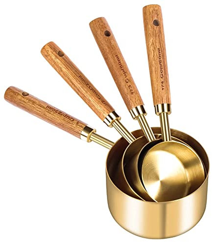 Miiauflskld Ensemble de 8 Tasses et CuillèRes à Mesurer, Manche en Bois avec Mesures MéTriques et AméRicaines, Acier Inoxydable, pour la Cuisson et la Pâtisserie