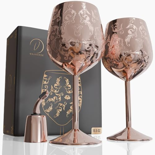 vaanshie 17oz Stainless Steel Wine Glasses | Gift for Mother's Day [Set of 2]–Rose Gold Royal Goblets with Intricate Baroque Engravings, Unbreakable and Shatterproof Wine Cups with Bottle Stopper