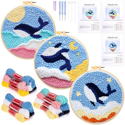 JSRQT 3 Stück Punch Needle Stickerei Set Wal Stanznadel Starter für Anfänger Erwachsene Debutant Basteln Geschenk Stanznadelstoff Muster Embroidery