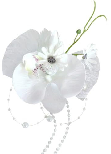 Weiß Künstliche Phalaenopsis Blume Korsage Boutonniere Hochzeit,Ansteckblume Dekor,Prom Corsage,Hochzeitsanstecker für Braut Brautjungfer Gäste Herren Damen Party Abschlussball Taufe Dekoration