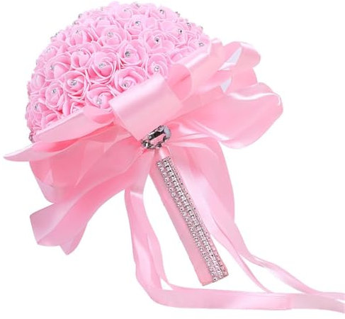 Wisafory Brautstrauss Hochzeit Blumenstrauß Hochzeitsstrauß Romantische künstlichen Blumen mit schönem Band Seidenblumen Rosenstrauß für Hochzeit Party mit Perlendekoration Rosa