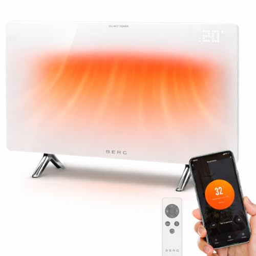 BERG Ultra-Slim Glass Infrared Panel Heater – Smart Electric Heater with Wi-Fi & Remote Control, 12mm Frameless Design, Wall Mounted or Free-Standing, Energy Efficient Room Heating (White, 480W)