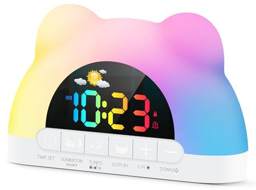 Azyh Kinderwecker, Wecker Digital für Mädchen Jungen, Schlaftrainer Kinder mit 11 RGB Farb Nachtlicht, OK zum Aufwachen der Plug-In Elektrische Wecker, 10 Soundeffekten, Dual Alarms, Snooze, 12/24