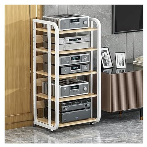 Audio Rack HiFi Regal Rollwagen-Rack for Audiogeräte, Tragbar, Büro, Schlafzimmer, Wohnzimmer, AV-Rack, Mehrstufiges AV-Medienregal, AV-Medienregal Mit Stauraum(White,5Tiers-A)