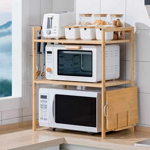WODFARR Scaffali da cucina regolabili per scaffali, supporto a microonde in legno, bambù, scaffale a microonde, con 4 ganci, 3 strati (52 x 37 x 65 cm)