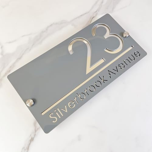 Targa per numero civico da esterno, Design sospeso targa personalizzata con numero di casa, cartello con nome della strada 3D tagliato al laser in acrilico moderno (grigio&argento)