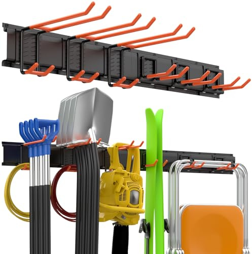 FamilyKit Garage Tool Organizer Wall Mount with 48 inches Rails and 6 Adjustable Hooks, Heavy Duty Garden Tools Storage Rack for Yard, Shovel, Shed, for Efficient Tool Storage Garage Organization