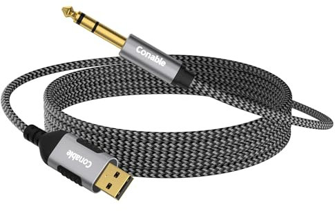 Câble audio stéréo USB vers TRS 6,35 mm, 7,6 m, adaptateur audio USB-A vers jack stéréo de 6,35 mm, connecteur doré, gaine en nylon tressé, puce DAC, pour ordinateur portable, amplificateur, mixeur