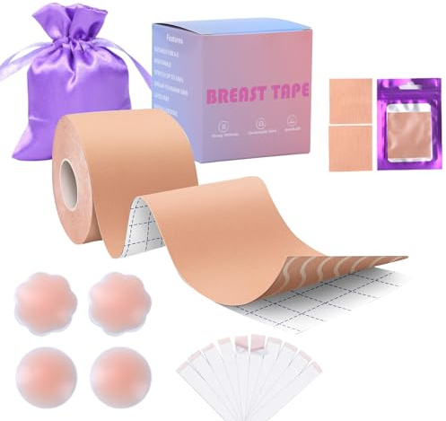 QEEROYO Cinta Adhesiva Pecho, Cinta de Levantamiento de Senos, Adhesivo Pecho, Boob Tape, 5cm x 5m, Ideal para Vestido Sin Hombro De Noche Escote V, Adecuado para la Piel, para Copa A-C