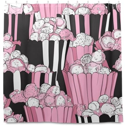miaozhen Tenda da doccia alta impermeabile con gancio, 182 x 183 cm, colore pesca, nero, carino, popcorn, tessuto in poliestere, lavabile, per casale da bagno ganchos para cortinas de ba?o
