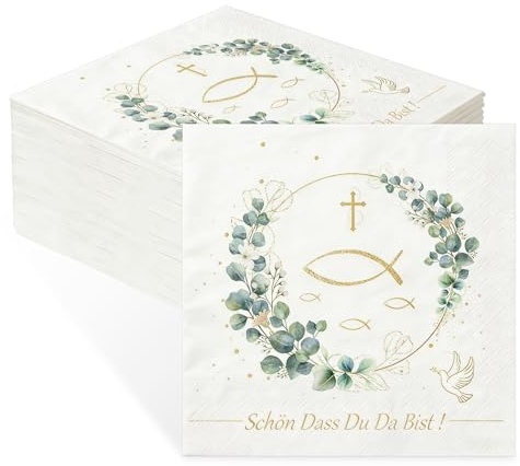 80 Stück Servietten kommunion, konfirmationdeko junge mädchen, Schön Dass Du Da Bist! servietten eukalyptus, servietten taufe für Taufe deko