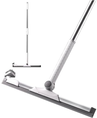 Escobilla de ducha con cepillo de borde, mango extensible de 75 a 115 cm, hoja de silicona suave de 36 cm, escoba de goma para limpiar ventanas y suelos sin rayas para habitación húmeda, baño