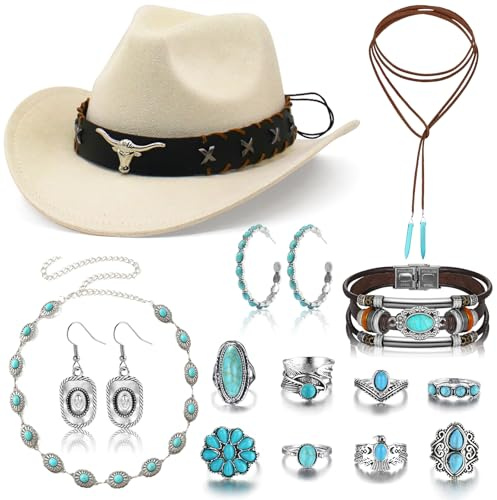 Saier tbo 14 Stück Western Cowboy Accessoire Set für Damen, weißes 70er Jahre Cowgirl Kostüm Set mit Cowboyhut Ohrringen Halskette Taillenkette für Halloween Karneval Cosplay