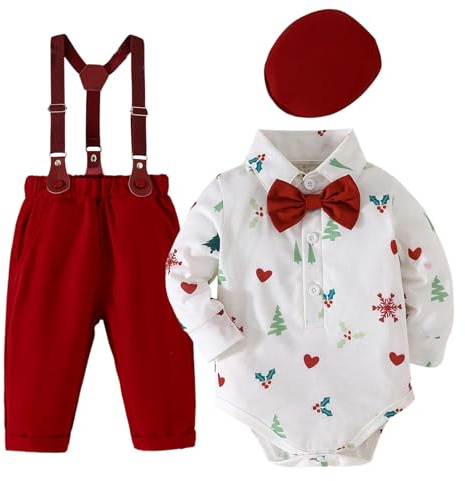 Fohuanky Completo natalizio per neonato Abiti formali per bambini piccoli Set da 4 pezzi per gentiluomini Body Papillon Cappello e pantaloni con bretelle (Bianco, 12-18 Mesi)