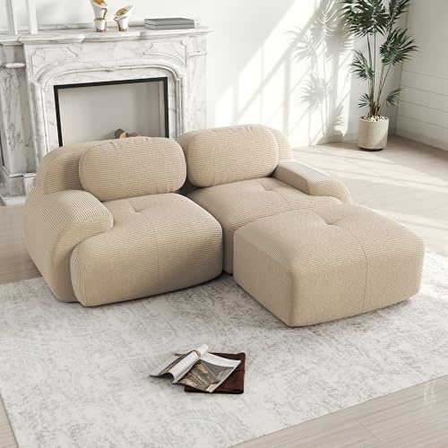 Dolamaní 2-3 Sitzer Sofa, Couch Sofa Cord Stoff für Wohnzimmer,Wohnung,Büro,Einfache Montage (Beige, B-(2 Sitzer +1 Hocker)