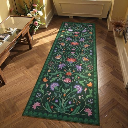 LHOMKCV Boho Long Runner Carpet, 60x300cm, Tropical Floral Theme Vintage Plant Pattern Vibrant Bohemian Throw Rugs, Ultra-Thin Rubber Backed Washable Botanical Rug for Bedroom Kitchen