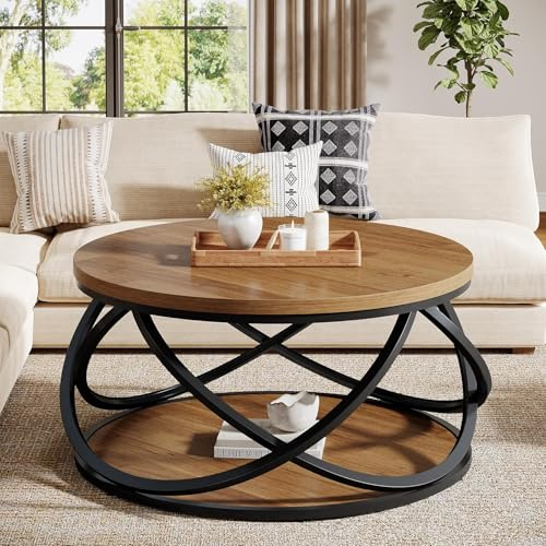Tribesigns 2-Tier Round Coffee Table, 31.5 Circle Center Table, Wood Grain Accent Table with Storage Shelf and Cross Metal Frame for Living Room, Small Space, Rustic Brown
