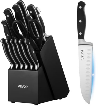 VEVOR Portacoltelli con Lama Affilato Cucina con Ceppo Portacoltelli e Acciaino da 15 Pezzi in Acciaio Inossidabile ad Alto Tenore di Carbonio, Coltello da Cucina con Manico Resistente alla Rottura