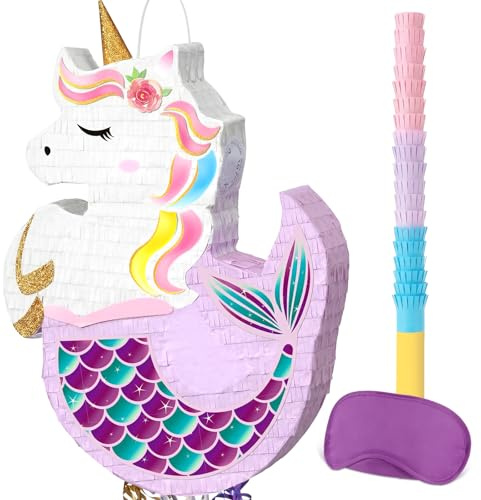 WERNNSAI Einhorn Meerjungfrau Pinata – Regenbogen Deko für Party Zubehör | Einhorn Meerjungfrau Piñata mit Augenmaske & Stock, Prinzessin Geburtstag Deko, Hängende Fantasy Piñata, Zubehör