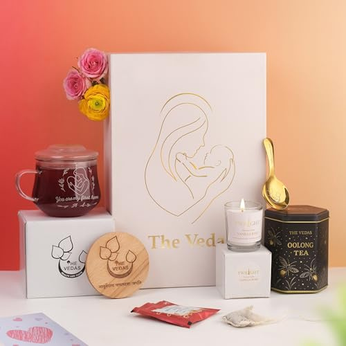 The Vedas Gift For MOM tea gift set | Mothers day gift for mom | 22 items tea collection | 8 Different Flavours teabags | 1 Luxury Oolong tea tin Caddy | total 56 Cups of tea | 1 Glass Mug for MOM With lid and Infuser | 1 Scented Candle | 1 Branded Spoon | 1 Wooden Coaster | tea gifts for tea lovers | Best gift for tea drinker