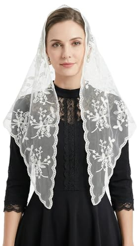 IHLOOTD Mantilla Katholisch Schleier Dreiecks Schleier Kirchenschleier Hochzeitsschleier mit Spitze Elegant Brautschleier für Kirchliche, Hochzeit, Maskerade, Cosplay