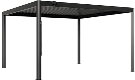 PRIMEYARD Pergola 4x4 m - Pfosten und Lamellendach aus Aluminium - anthrazitfarbene Terrassenüberdachung