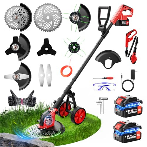 Desbrozadora a Batería con Ruedas 12 Pulgadas, Cortabordes Eléctrico 800W, 2 Baterías 6000mAh, 4 Tipos de Cuchillas Intercambiables, Desbrozadora Eléctrica para Césped, Jardín y Patio
