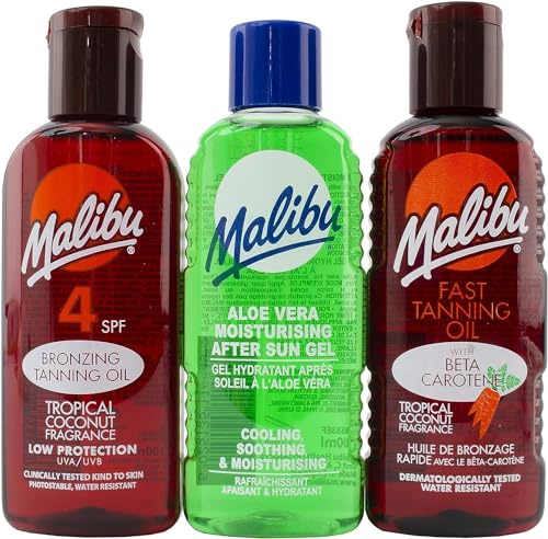Malibu Sonnenschutz-Set, Bräunungsöl mit LSF 4, schnelles Bräunungsöl, Aloe-Vera-After-Sun, Reiseset