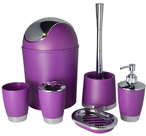 Bathlux, set di accessori da bagno con design moderno, 6 pezzi, spazzolino per WC, pattumiera, portasapone, portaspazzolino, dispenser per sapone, tazza per risciacquo Purple