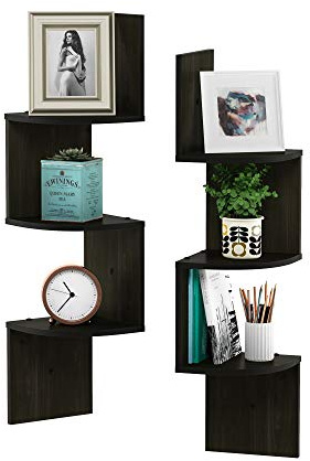 Furinno ROSSI Corner Floating Shelves for Wall Set of 2, 3-Tier Corner Zigzag Wall Shelf, Radial Wall Mounted Book Shelf, for Bathroom, Bedroom, Living Room, Espresso