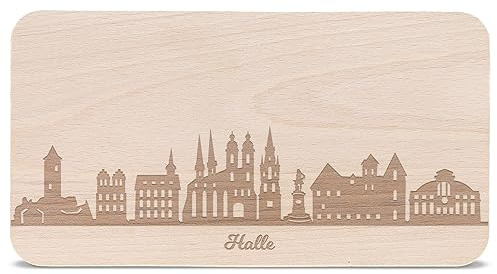 GRAVURZEILE Frühstücksbrettchen mit Gravur - Skyline Halle - Holz Schneidebrett Vesperbrett Brotzeitbrett - Geschenk für Stadtverliebte - Ideal auch als Souvenir