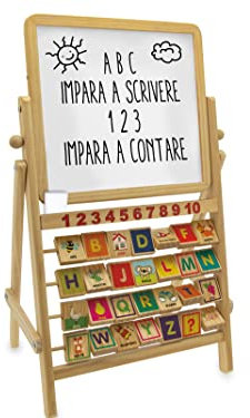 Teorema 40513 - Lavagna per Bambini con Cavalletto Multiattività Double Face in Legno con Alfabetiere, Numeri dall'1 al 10 e Accessori