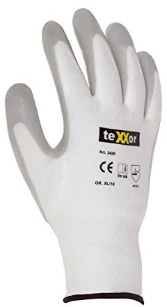 texxor (144 Paar) Handschuhe Nylon-Strickhandschuhe NITRIL BESCHICHTET 144 x weiß/grau XL/10