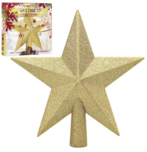 Aneco 6 Zoll Glitzer Mini Gold Weihnachtsbaumspitze Bruchsichere Kleine Weihnachtsbaum Dekoration Baumspitze für Festliche Ornament oder Heimdekoration