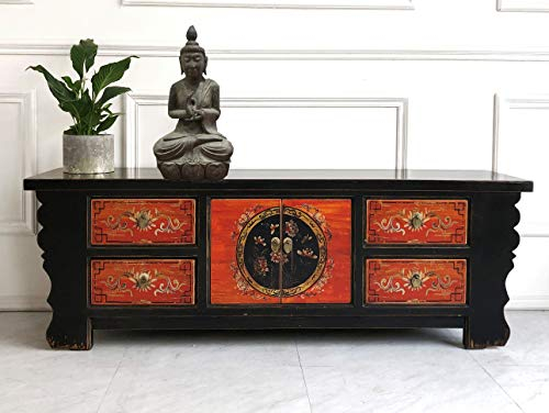 OPIUM OUTLET Chinesisches Lowboard Sideboard Kommode Schrank asiatisch orientalisch schwarz-rot Shabby Chic Vintage Holz
