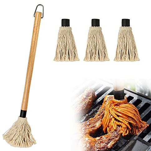 Pennelli per Barbecue Legno BBQ Accessori Pennelli Cucina Testa in Cotone Lavabile con 3 Testine di Ricambio per Arrostire e Grigliare per Salse, Marinate, Barbecue