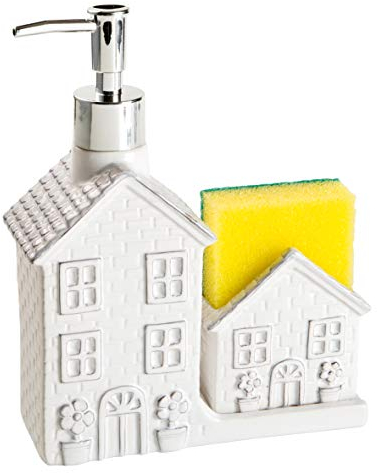 Baroni Dosatore Baroni Dosatore Sapone Dispenser a forma di Casina con Porta Spugna, Dispenser per Sapone Liquido e Spugna, 17x6x21 cm