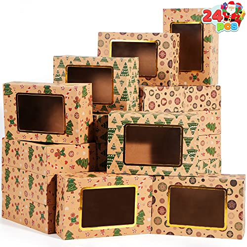 JOYIN 24 Stück folierte Weihnachts-Plätzchenboxen mit Fenster, Leckerli-Boxen für Donut und Kekse, braune Kraft-Bäcker-Boxen mit 3 Designs, Weihnachts-Plätzchen-Geschenk-Backbox, für Gebäck, Cupcakes