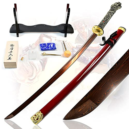 Swords and more Highlander - Connor MacLeod Katana - handgeschmiedet & gefaltet, Set - Blutdamast Edition, Drachenkopf Samurai Schwerter scharf echt mit Schwertpflegeset, Damaszenerstahl