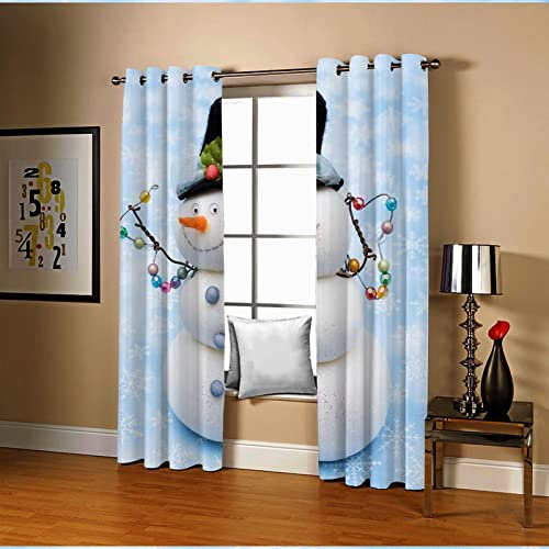 AmDxD Short Room Curtains Blue White, Outdoor Polyester Snowman with Hat 214 x 138 cm