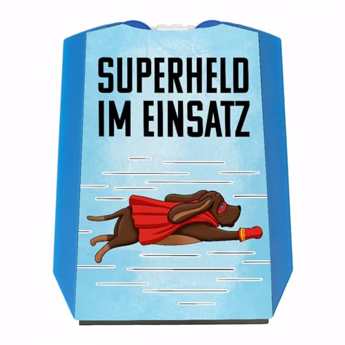 speecheese Superheld im Einsatz witzige Parkscheibe für Hundehalter mit Zwei Einkaufswagenchips lustiges Geschenk für Hundebesitzer Bedruckte Parkuhr mit StVO Zulassung