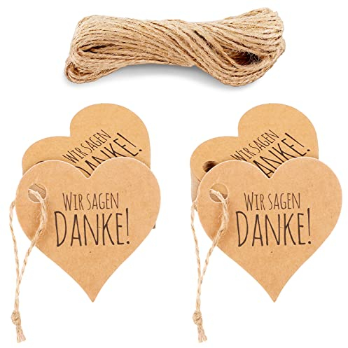 RosewineC 100 Stück Geschenkanhänger Kraftpapier WIR Sagen Danke Anhänger,Kraftpapier Anhänger mit Schnur Etiketten Herzanhänger für Hochzeit Geburtstag Fest Geschenkverpackung