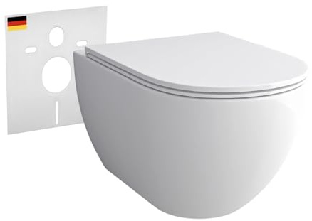 Alpenberger Moderne Toiletten | Kloschüssel mit Nano | Hänge WC Set mit Toilettendeckel D Form | Spülrandloses WC + Schallschutzset | Klo für Gäste WC und Badezimmer | Passend Geberit