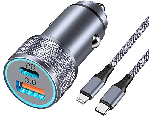 LUOSIKE 38W 2-Port Zigarettenanzünder USB C Ladegerät mit 1m Nylon-Geflochtenen Lightning Kabel, 12V/24V USB Adapter mit PD/QC, Autoladegerät Kompatibel mit iPhone 14/13/12/11/Pro/Max/Plus/mini/SE