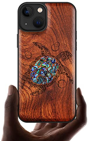 Carveit Coque magnétique pour iPhone 13 Étui de Protection TPU Coque [Gravure en Bois et Incrustation de Coquille] Compatible Magsafe avec 13 Artistique Coque (Rosé-Tortue de mer)