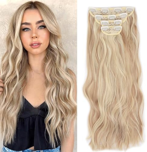 Gairyan Clip in Extensions Blond locken 4 Teile Set Haarverlängerung Clip in Haarteil Extensions wie Echthaar Synthetische Gewellt Clip in Haarextension Wellig Lang, 55cm Aschbraun & Bleichblond