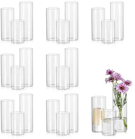 Glasseam Glass Cylinder Vase for Flowers 24Pcs, Modern Tulip Vases Hurricane for Pillar Candles, Decorative Clear Flower Vase for Pampas Grass, Wedding Dining Table Centrepiece (10/15/20cm)